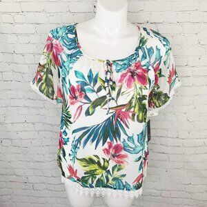 NWT AGB TROPICAL FLORAL PRINT LACE TRIM TOP - XL